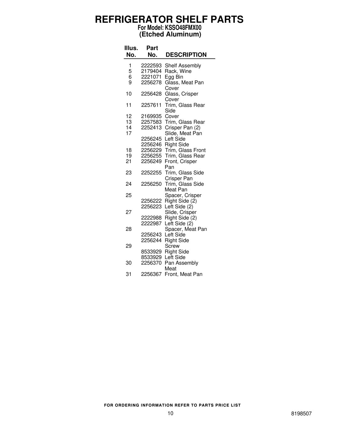 KitchenAid KSSO48FMX00 manual 31 2256367 Front, Meat Pan 8198507 