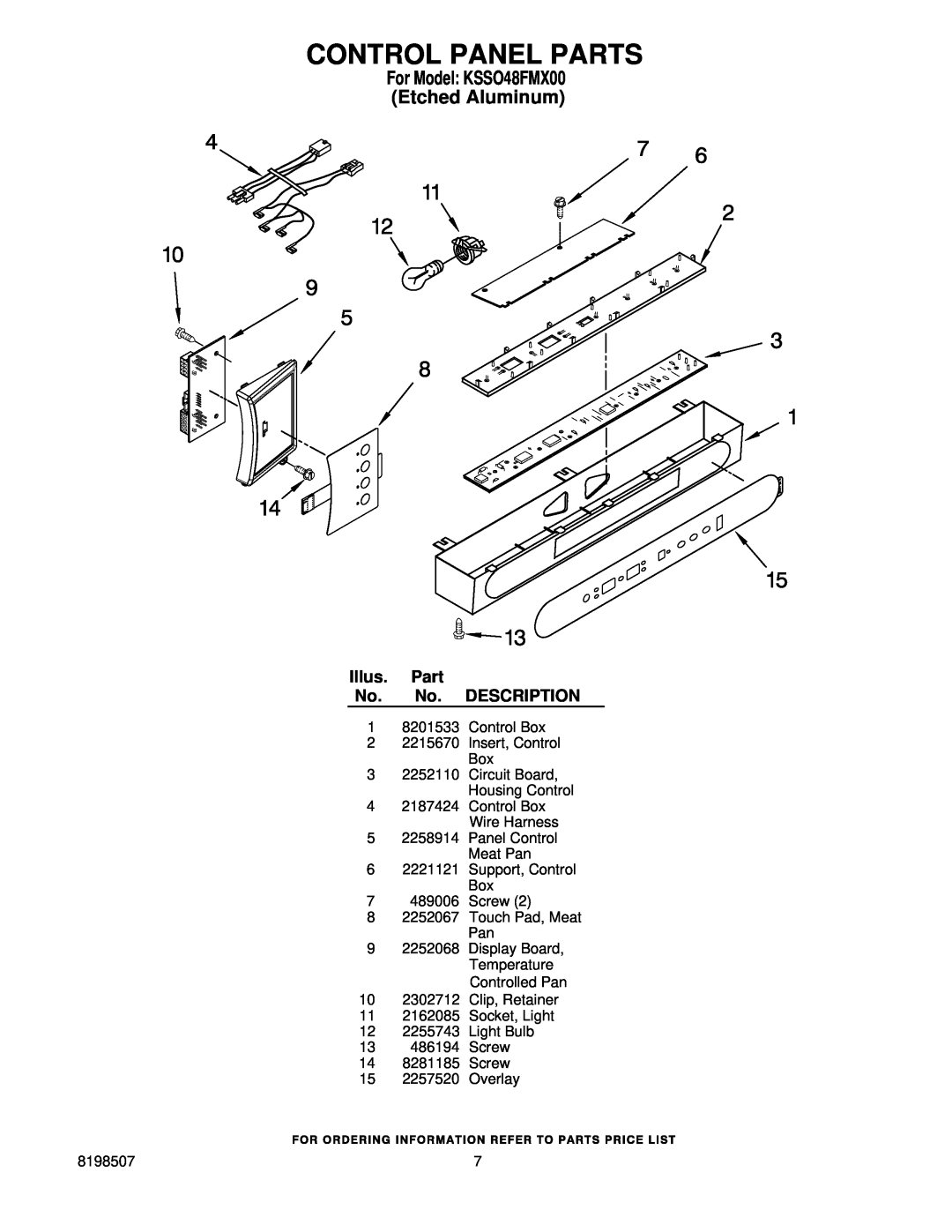 KitchenAid manual Control Panel Parts, For Model KSSO48FMX00 Etched Aluminum, Illus. Part No. No. DESCRIPTION 