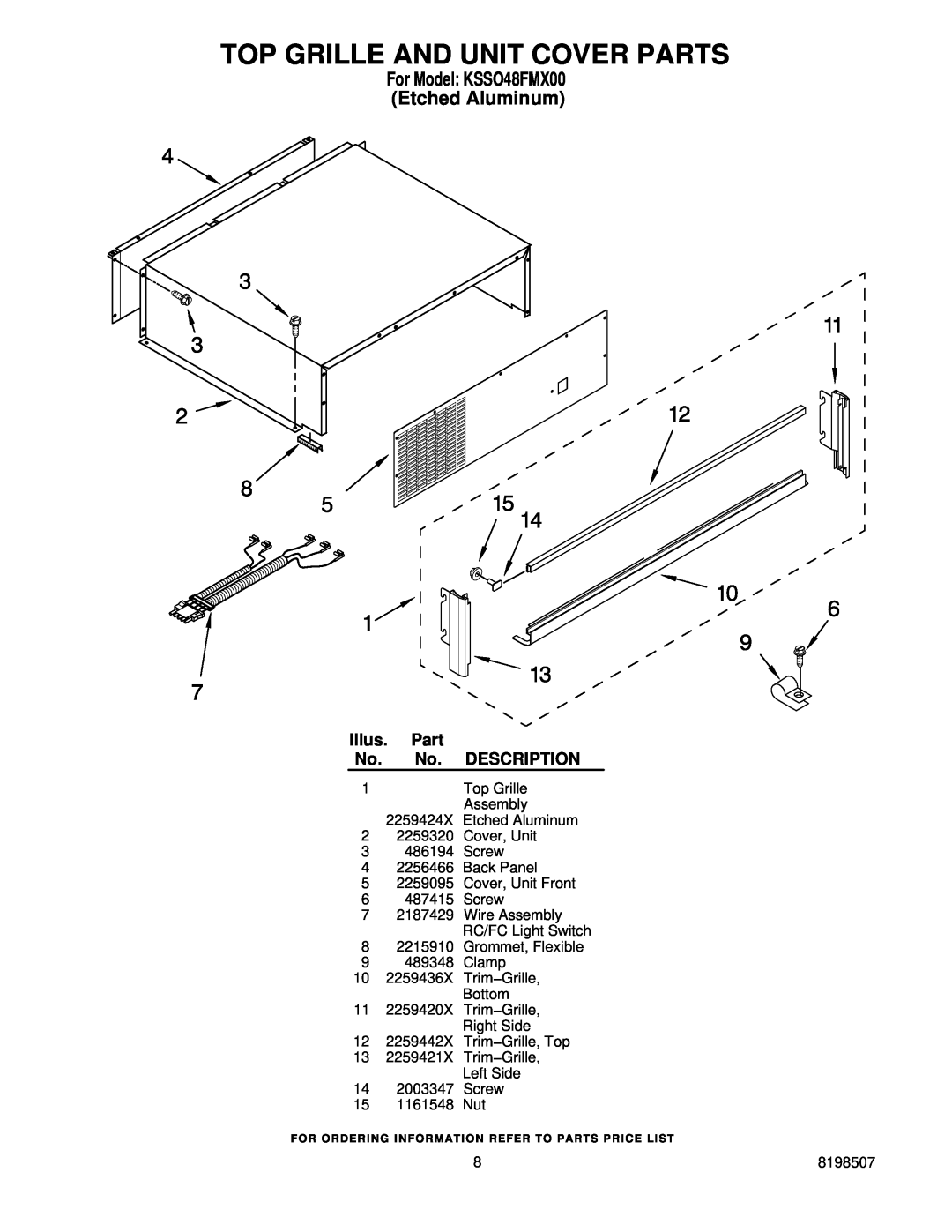 KitchenAid manual Top Grille And Unit Cover Parts, For Model KSSO48FMX00 Etched Aluminum, Illus, Description 