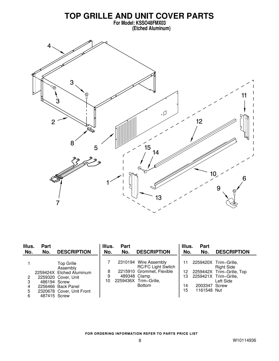 KitchenAid KSSO48FMX03 manual TOP Grille and Unit Cover Parts 