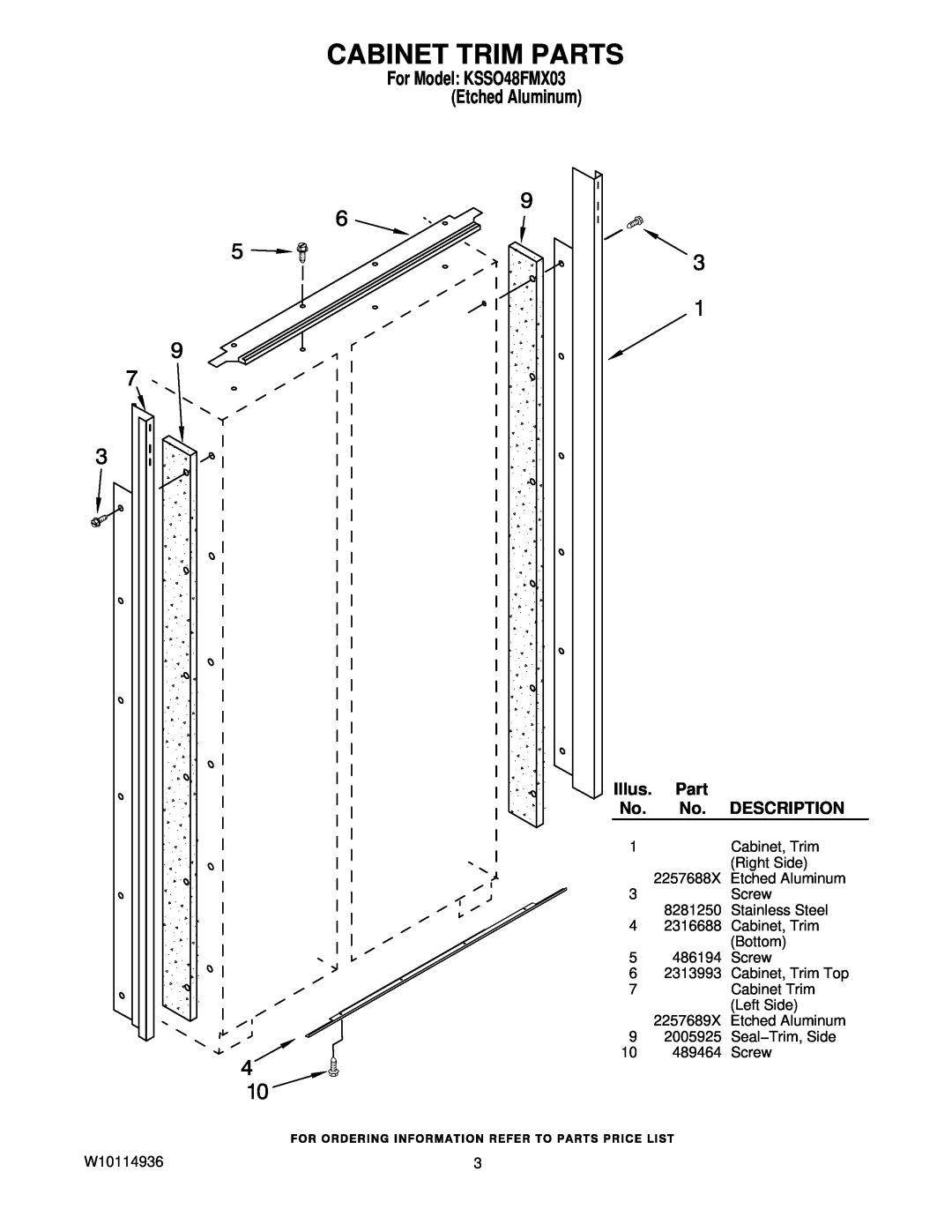 KitchenAid manual Cabinet Trim Parts, For Model KSSO48FMX03 Etched Aluminum, Illus, Description 