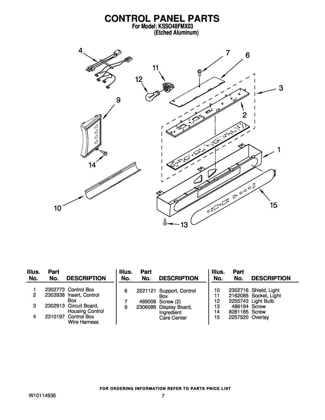 KitchenAid manual Control Panel Parts, For Model KSSO48FMX03 Etched Aluminum, Illus. Part No. No. DESCRIPTION 