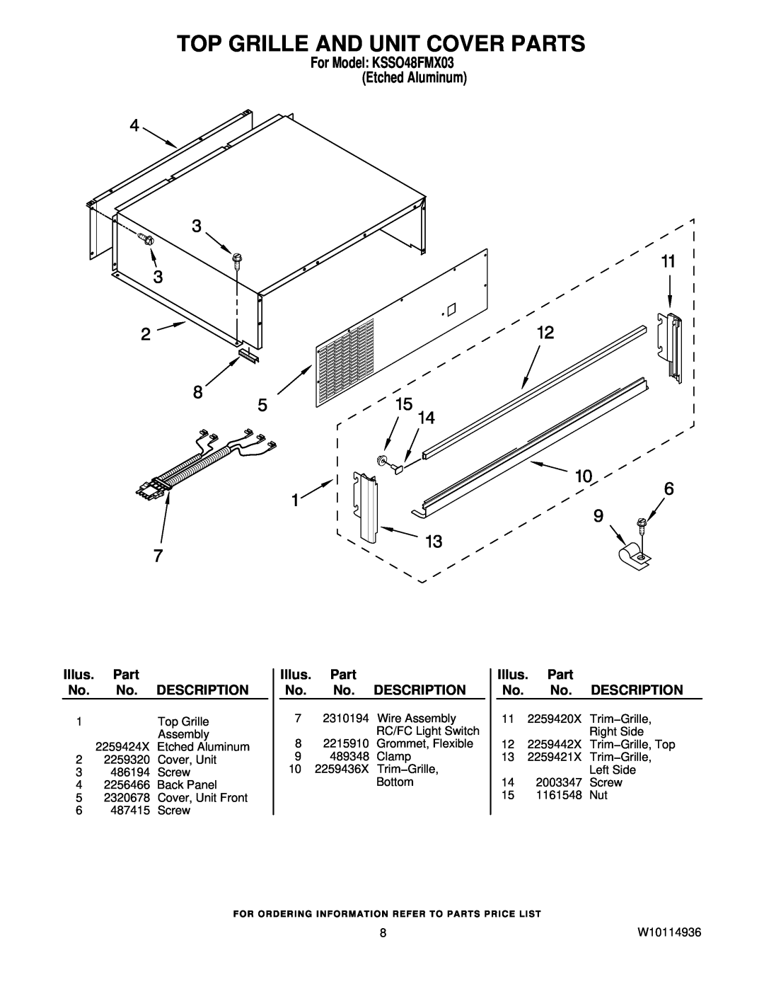 KitchenAid manual Top Grille And Unit Cover Parts, For Model KSSO48FMX03 Etched Aluminum, Illus, Description 