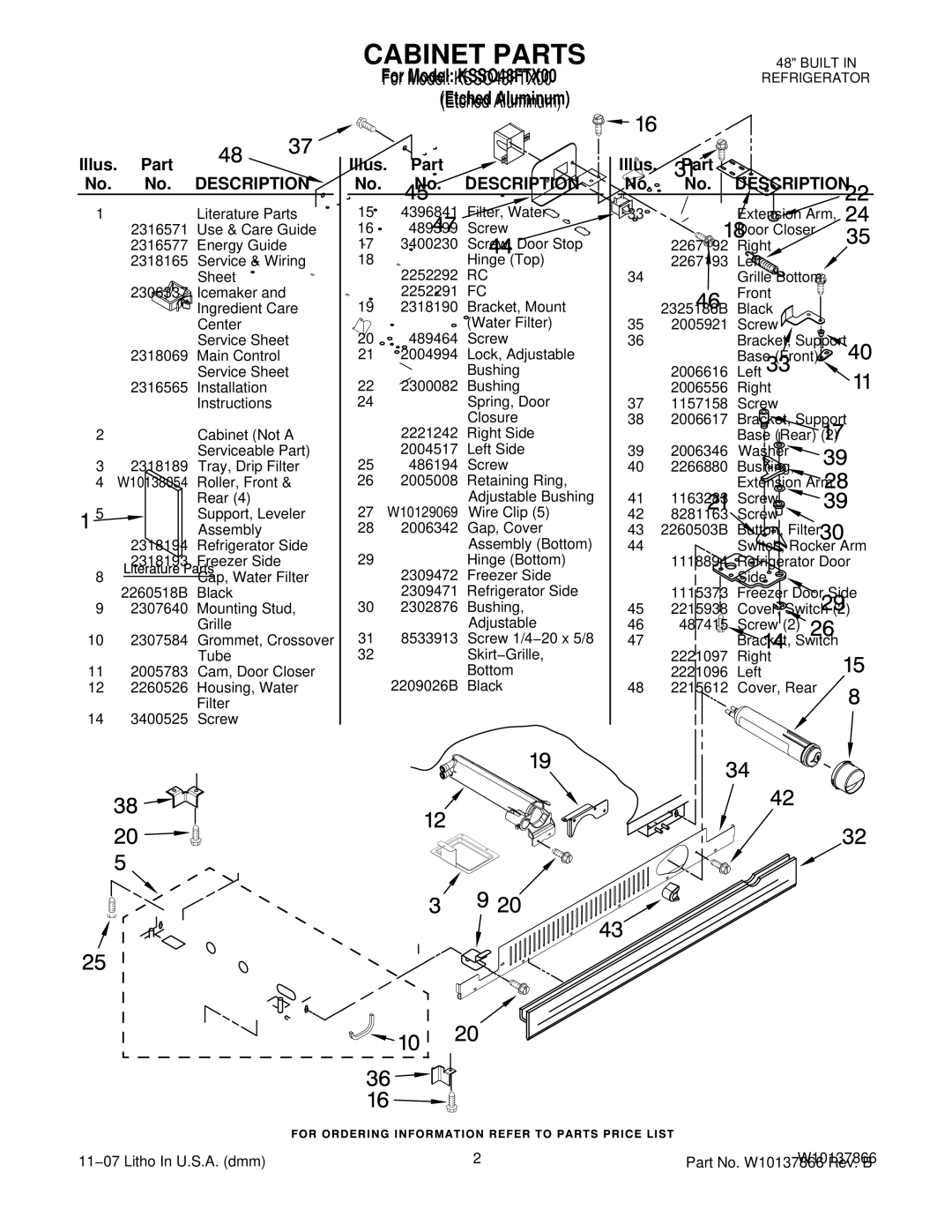 KitchenAid KSSO48FTX00 manual Cabinet Parts, Illus. Part No. No. Description 