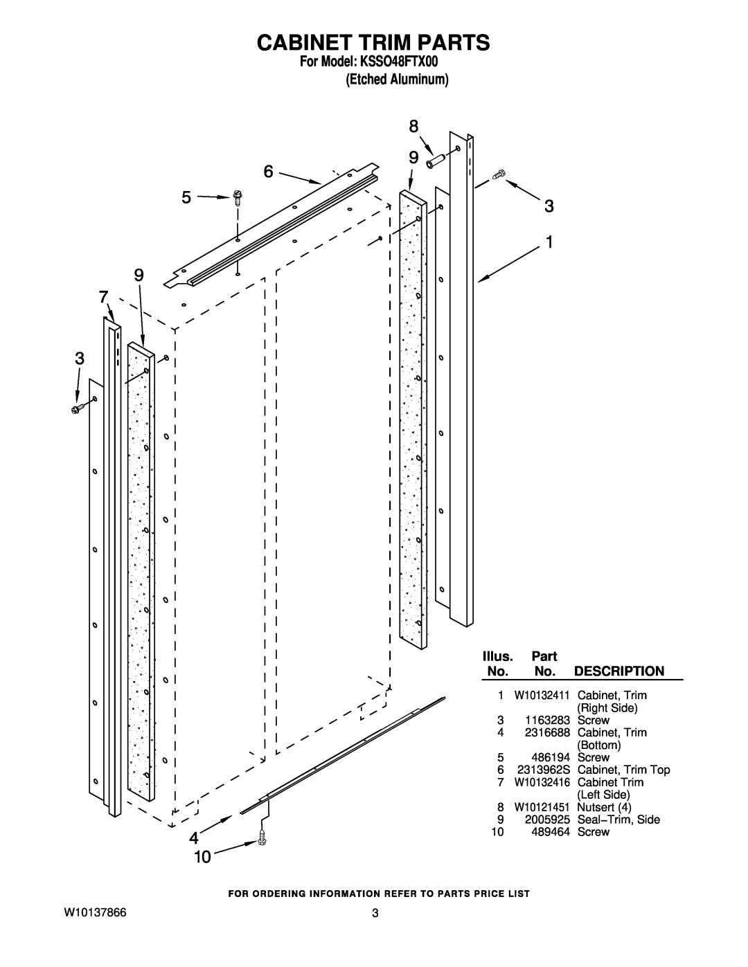 KitchenAid manual Cabinet Trim Parts, For Model KSSO48FTX00 Etched Aluminum, Illus, Description 