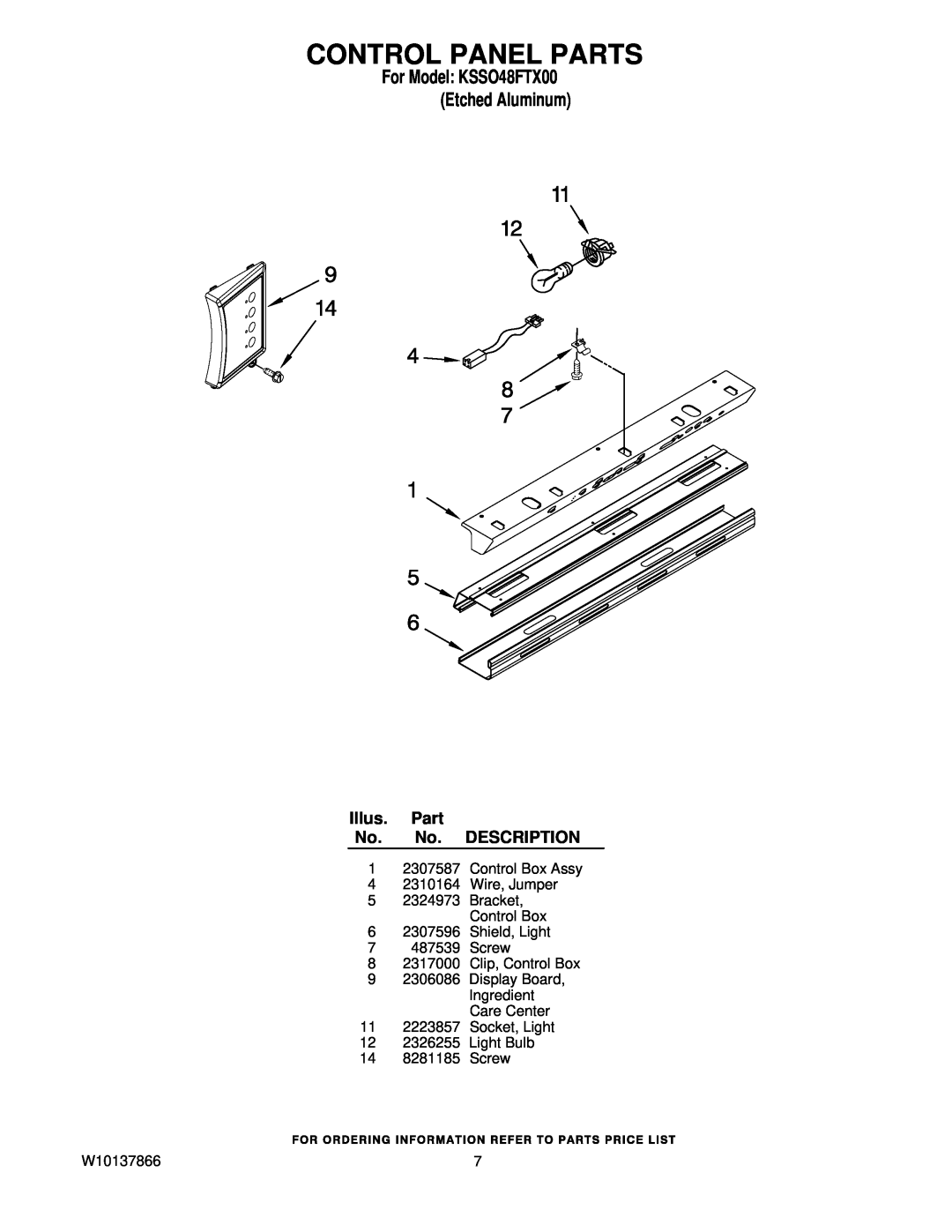 KitchenAid manual Control Panel Parts, For Model KSSO48FTX00 Etched Aluminum, Illus. Part No. No. DESCRIPTION 