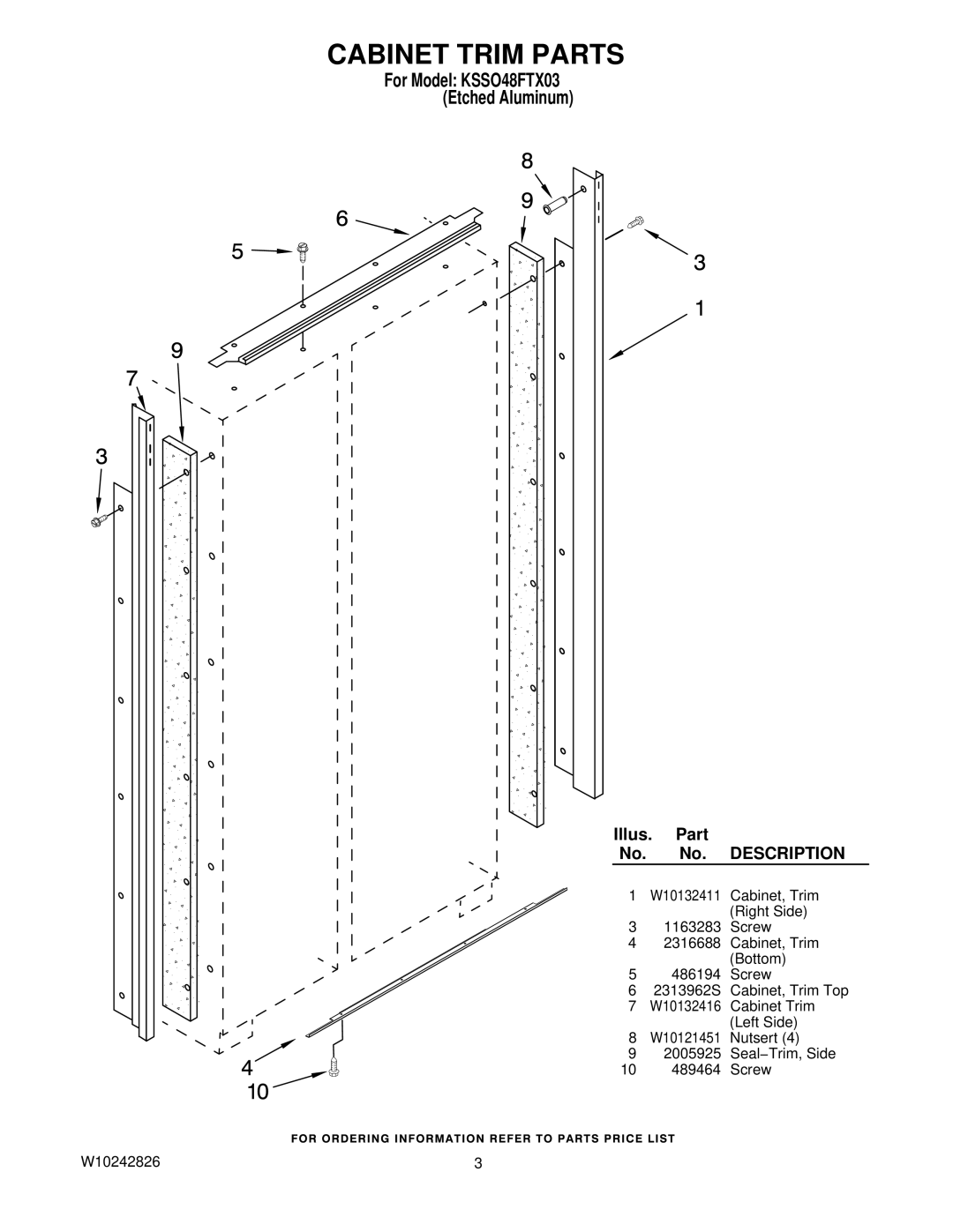 KitchenAid manual Cabinet Trim Parts, For Model KSSO48FTX03 Etched Aluminum 