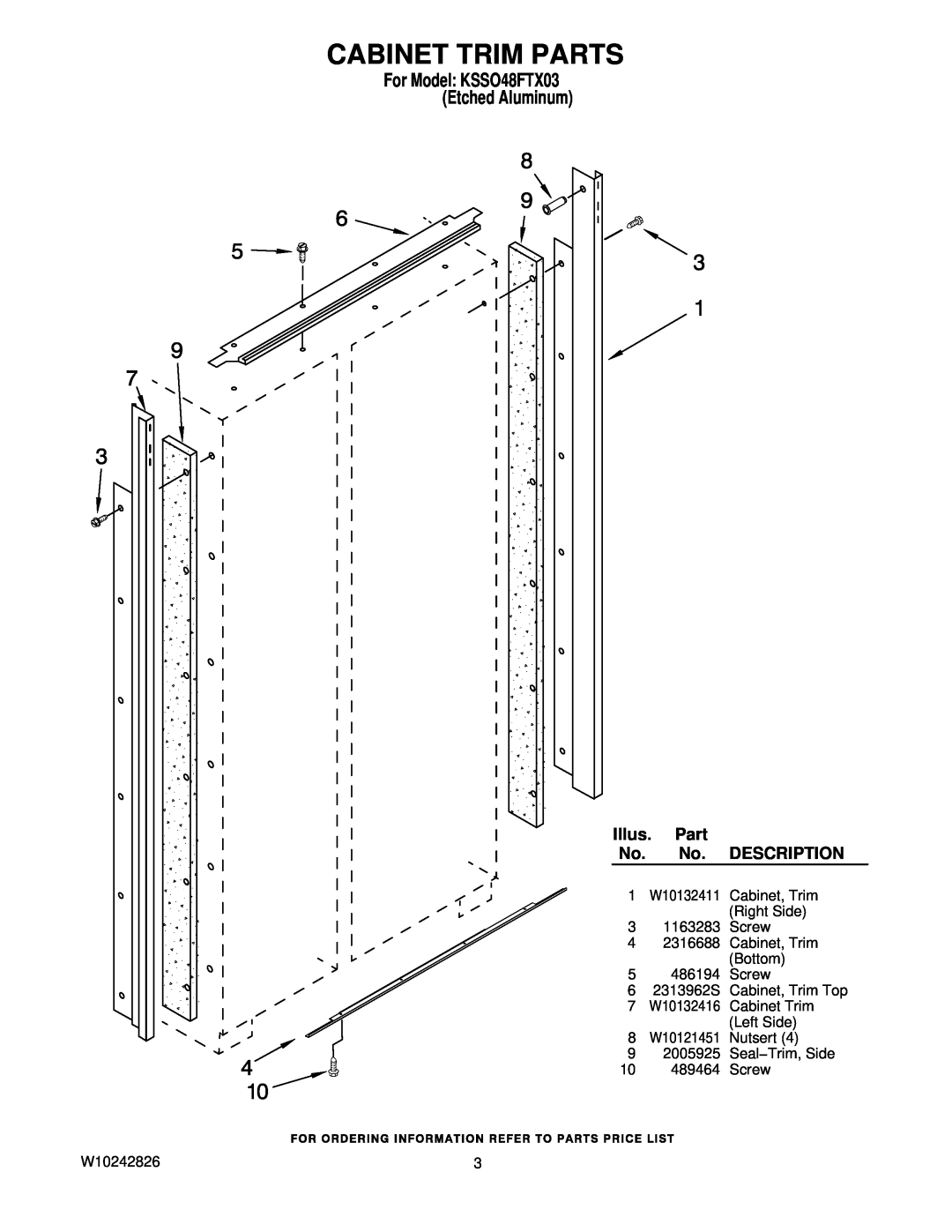 KitchenAid manual Cabinet Trim Parts, For Model KSSO48FTX03 Etched Aluminum, Illus. Part, Description 