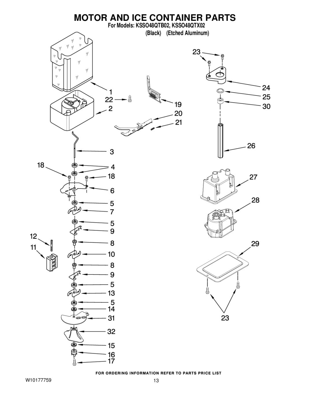 KitchenAid KSSO48QTX02, KSSO48QTB02 manual Motor and ICE Container Parts 