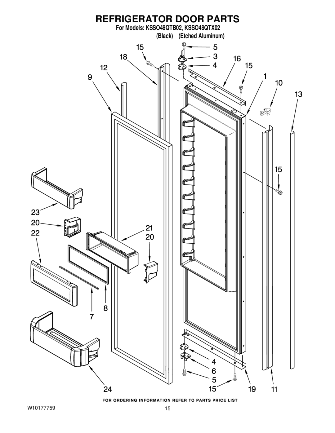 KitchenAid KSSO48QTX02, KSSO48QTB02 manual Refrigerator Door Parts 