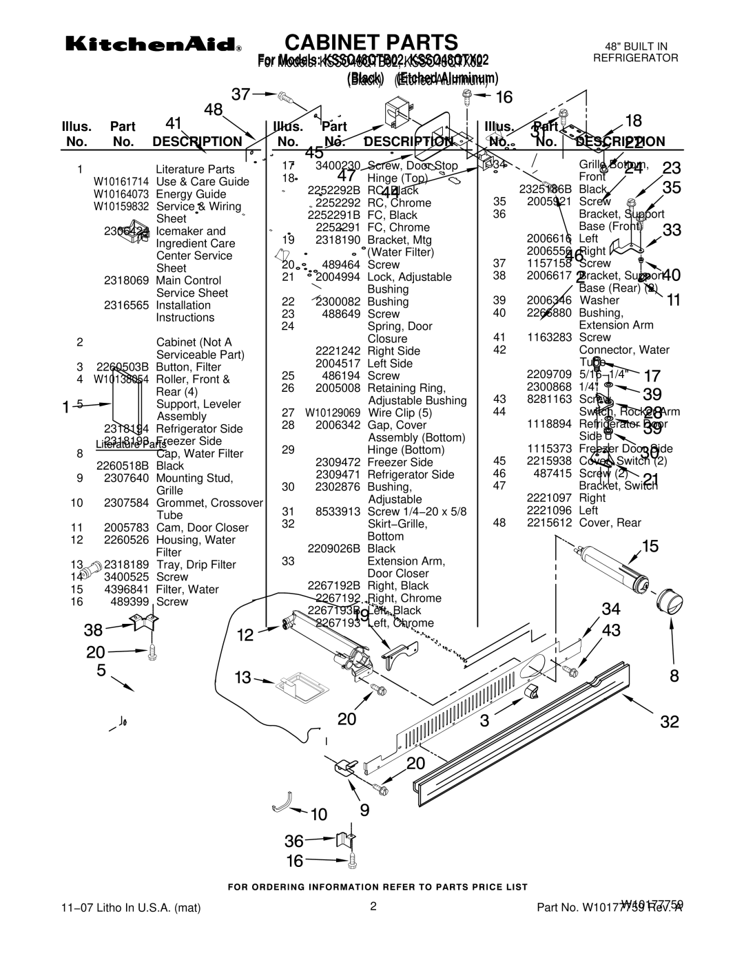 KitchenAid KSSO48QTB02, KSSO48QTX02 manual Illus. Part No. No. Description 