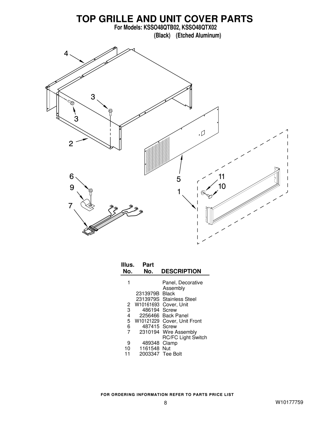 KitchenAid KSSO48QTB02, KSSO48QTX02 manual TOP Grille and Unit Cover Parts 