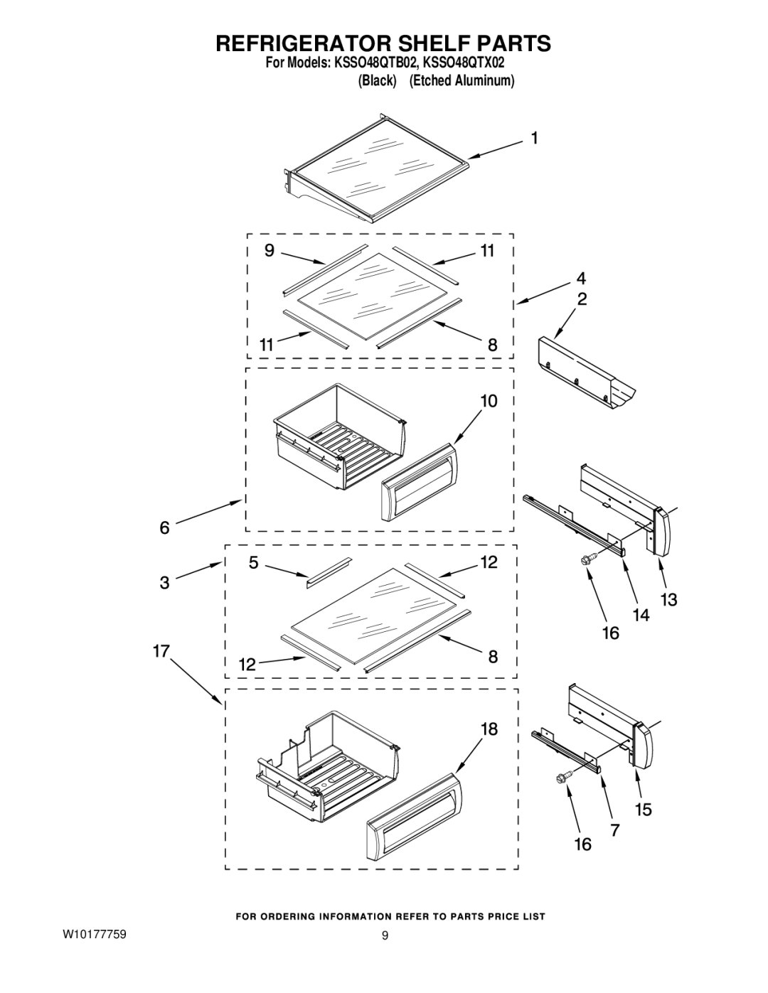 KitchenAid KSSO48QTX02, KSSO48QTB02 manual Refrigerator Shelf Parts 