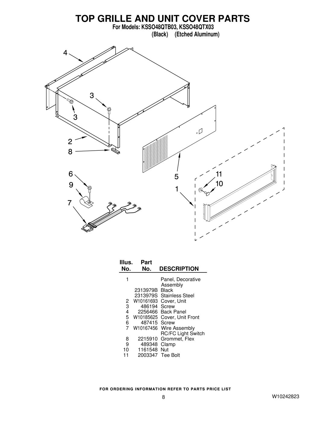 KitchenAid KSSO48QTX03, KSSO48QTB03 manual TOP Grille and Unit Cover Parts 