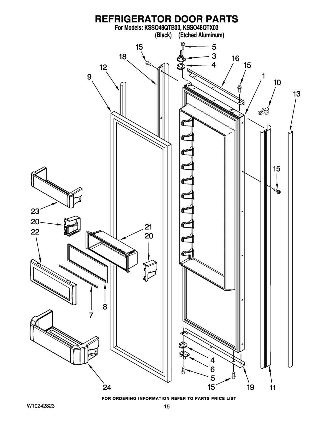 KitchenAid manual Refrigerator Door Parts, For Models KSSO48QTB03, KSSO48QTX03 Black Etched Aluminum 