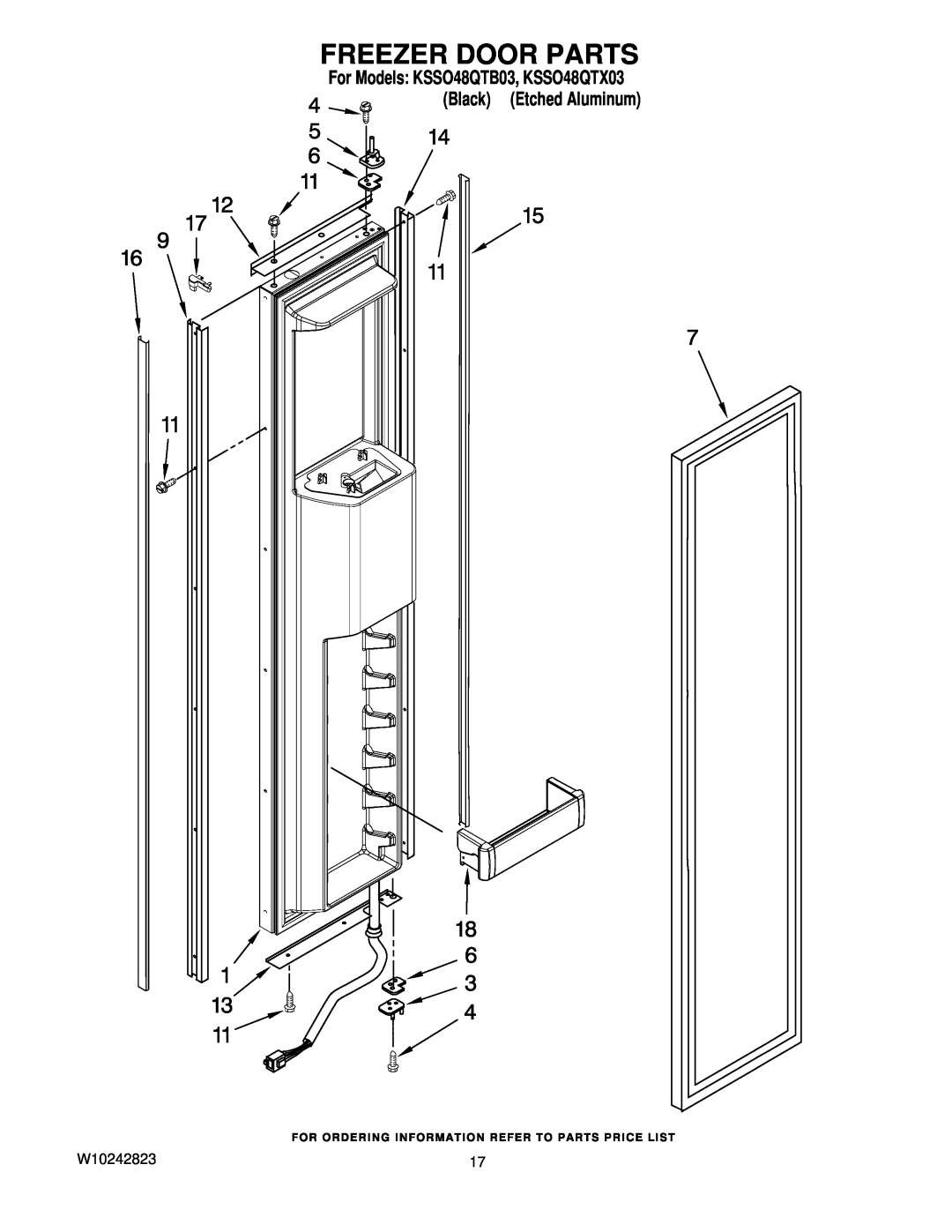 KitchenAid manual Freezer Door Parts, For Models KSSO48QTB03, KSSO48QTX03 Black Etched Aluminum 