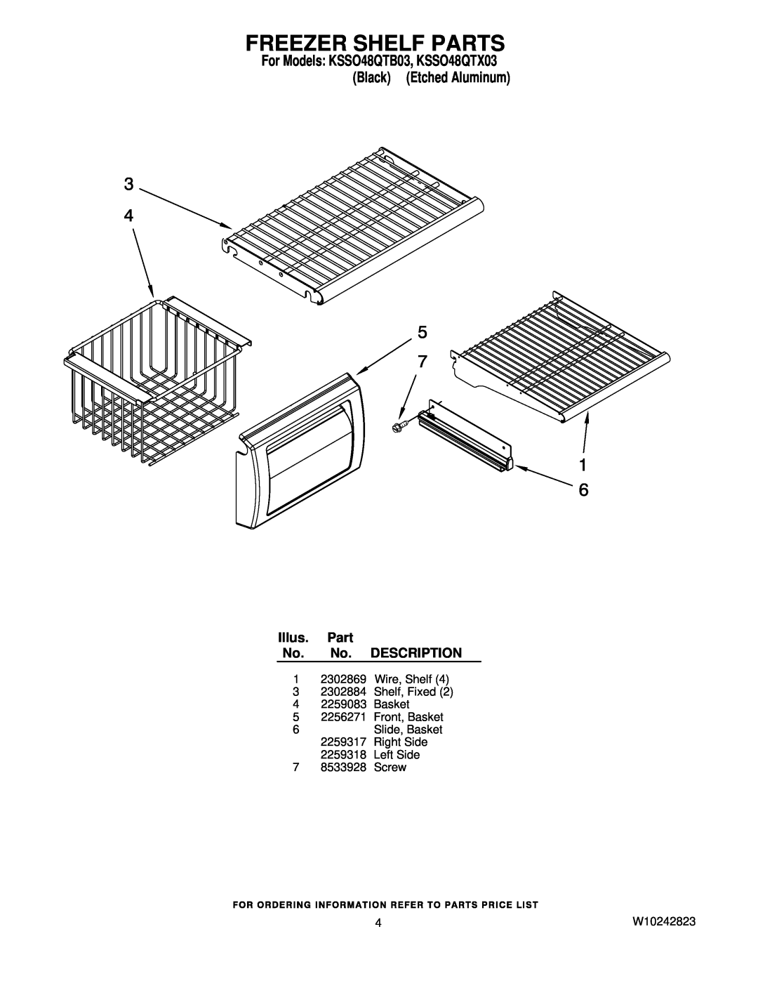 KitchenAid KSSO48QTX03 manual Freezer Shelf Parts, Illus. Part No. No. DESCRIPTION, Left Side 7 8533928 Screw, W10242823 