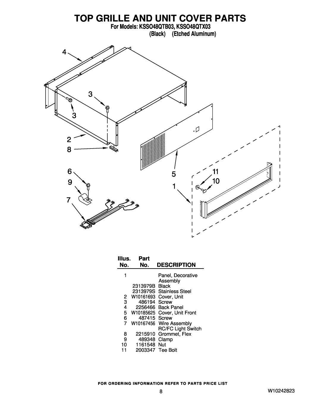 KitchenAid manual Top Grille And Unit Cover Parts, For Models KSSO48QTB03, KSSO48QTX03 Black Etched Aluminum 