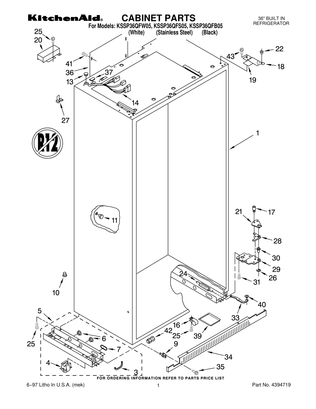 KitchenAid KSSP36QFW05, KSSP36QFS05, KSSP36QFB05 manual Cabinet Parts 