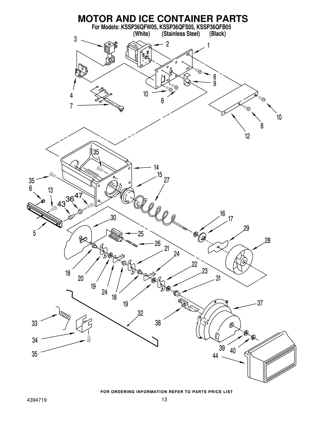 KitchenAid KSSP36QFW05, KSSP36QFS05, KSSP36QFB05 manual Motor and ICE Container Parts 