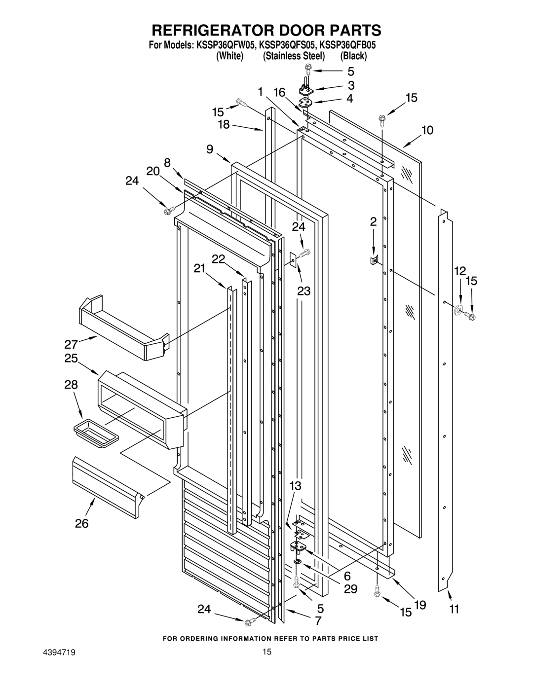 KitchenAid KSSP36QFS05, KSSP36QFW05, KSSP36QFB05 manual Refrigerator Door Parts 