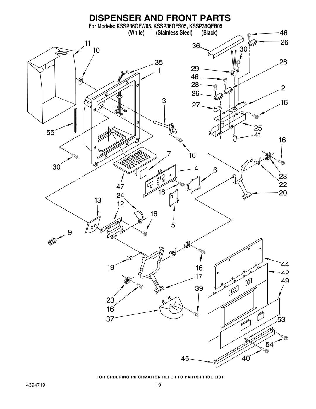 KitchenAid KSSP36QFW05, KSSP36QFS05, KSSP36QFB05 manual Dispenser and Front Parts 