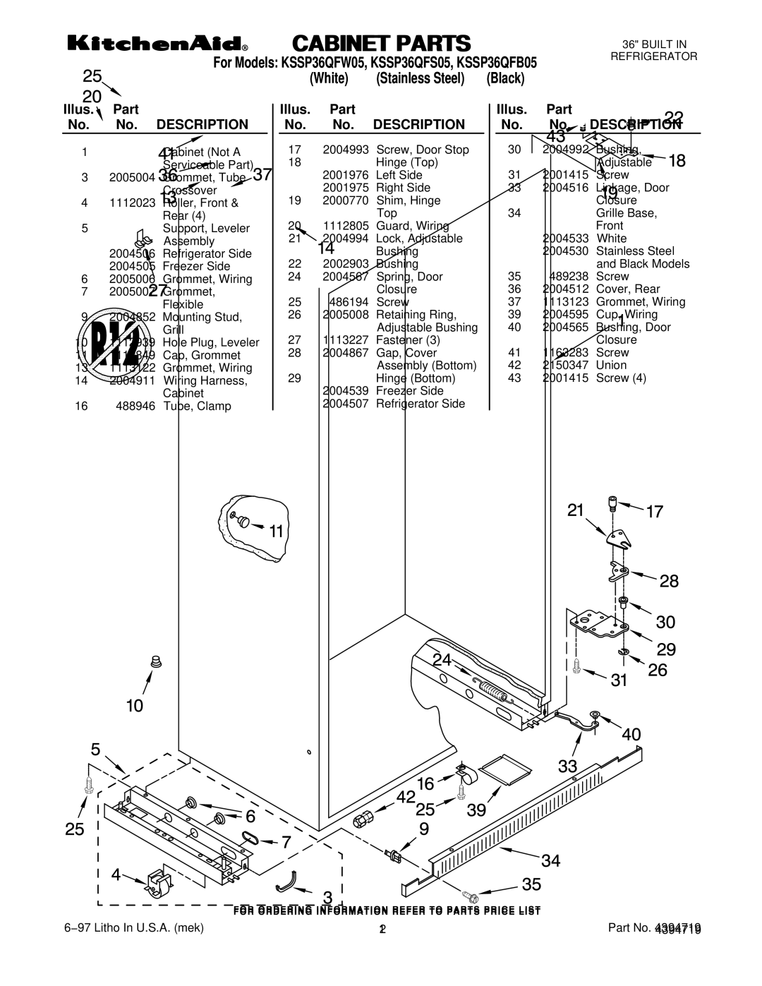 KitchenAid KSSP36QFB05, KSSP36QFS05, KSSP36QFW05 manual Illus Part No. Description 