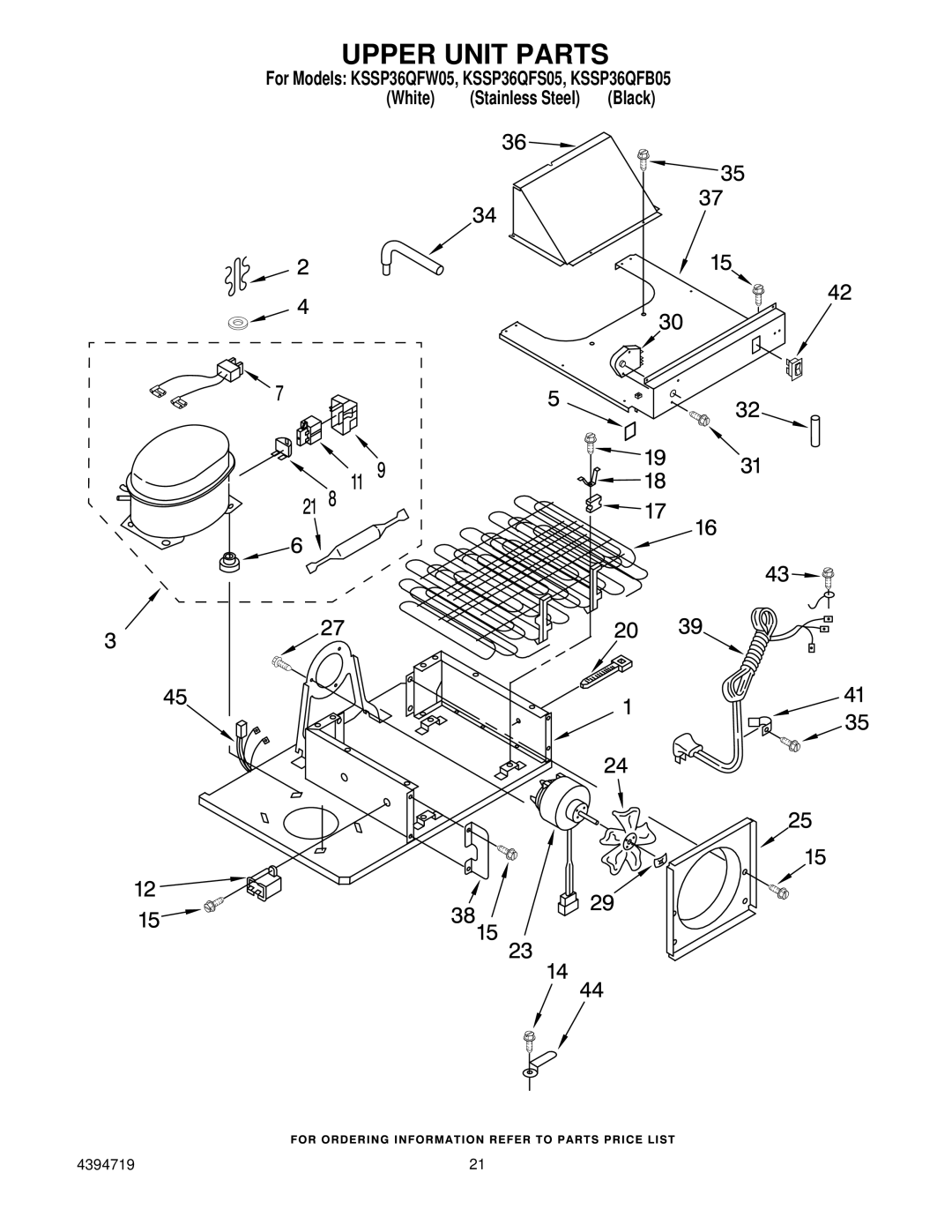 KitchenAid KSSP36QFS05, KSSP36QFW05, KSSP36QFB05 manual Upper Unit Parts 