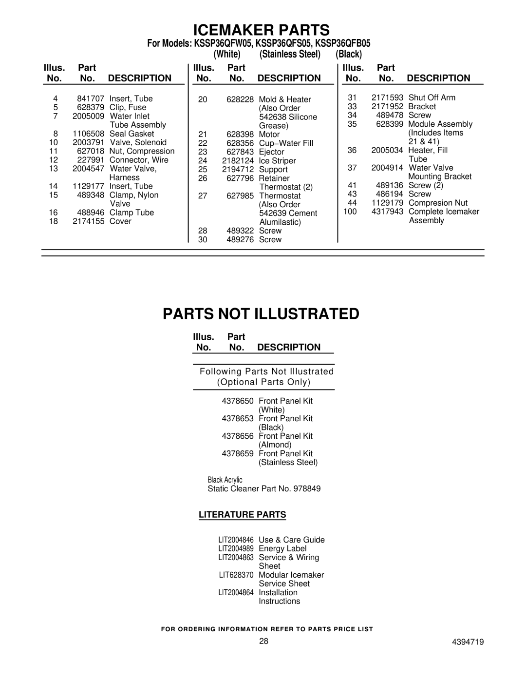 KitchenAid KSSP36QFW05, KSSP36QFS05, KSSP36QFB05 manual Parts not Illustrated, Literature Parts 