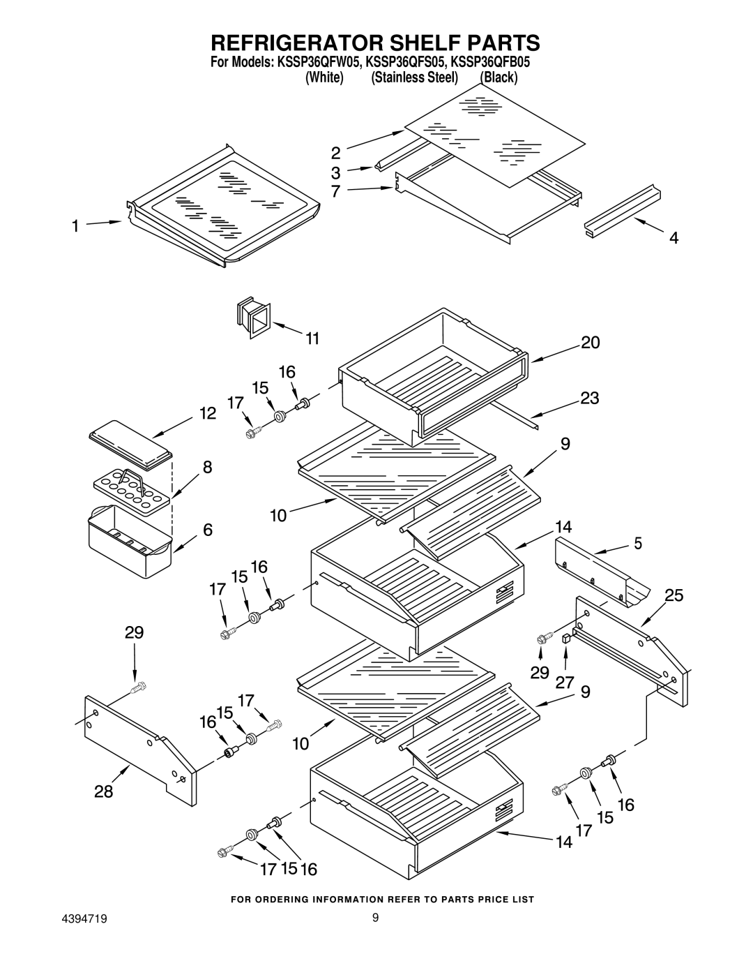 KitchenAid KSSP36QFS05, KSSP36QFW05, KSSP36QFB05 manual Refrigerator Shelf Parts 