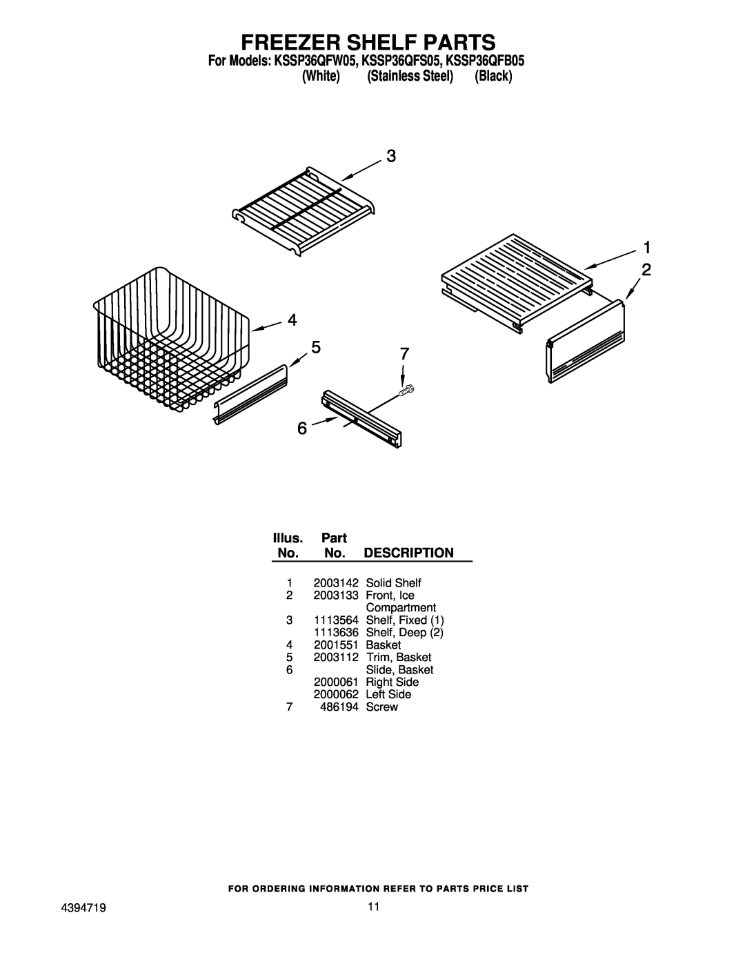 KitchenAid manual Freezer Shelf Parts, For Models KSSP36QFW05, KSSP36QFS05, KSSP36QFB05, White, Stainless Steel, Black 