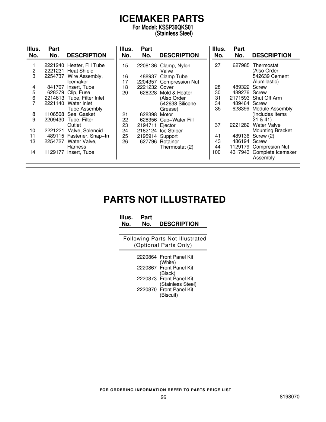 KitchenAid KSSP36QKS01 manual Parts not Illustrated 