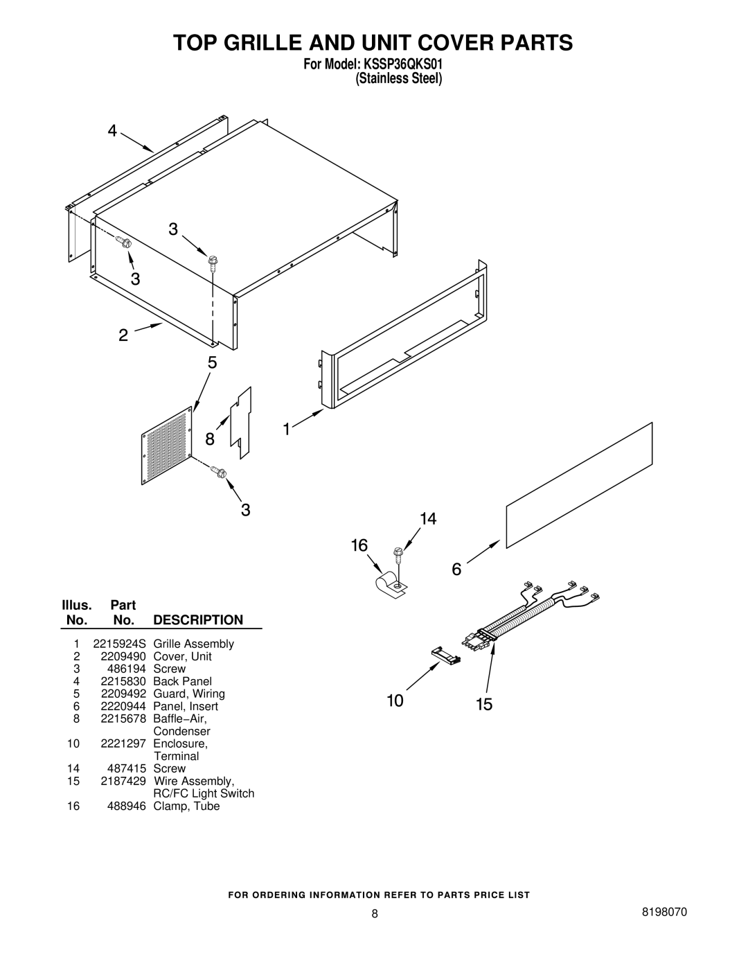 KitchenAid KSSP36QKS01 manual TOP Grille and Unit Cover Parts 