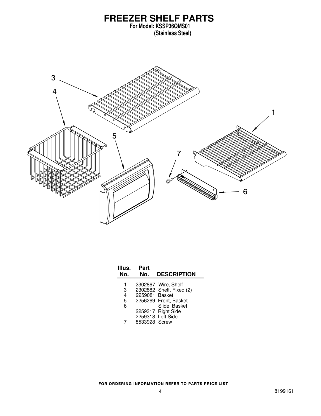 KitchenAid KSSP36QMS01 manual Freezer Shelf Parts 