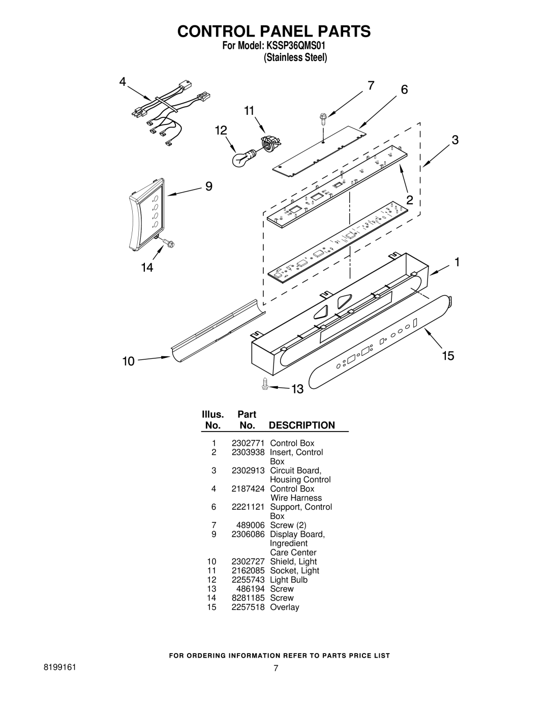 KitchenAid KSSP36QMS01 manual Control Panel Parts 