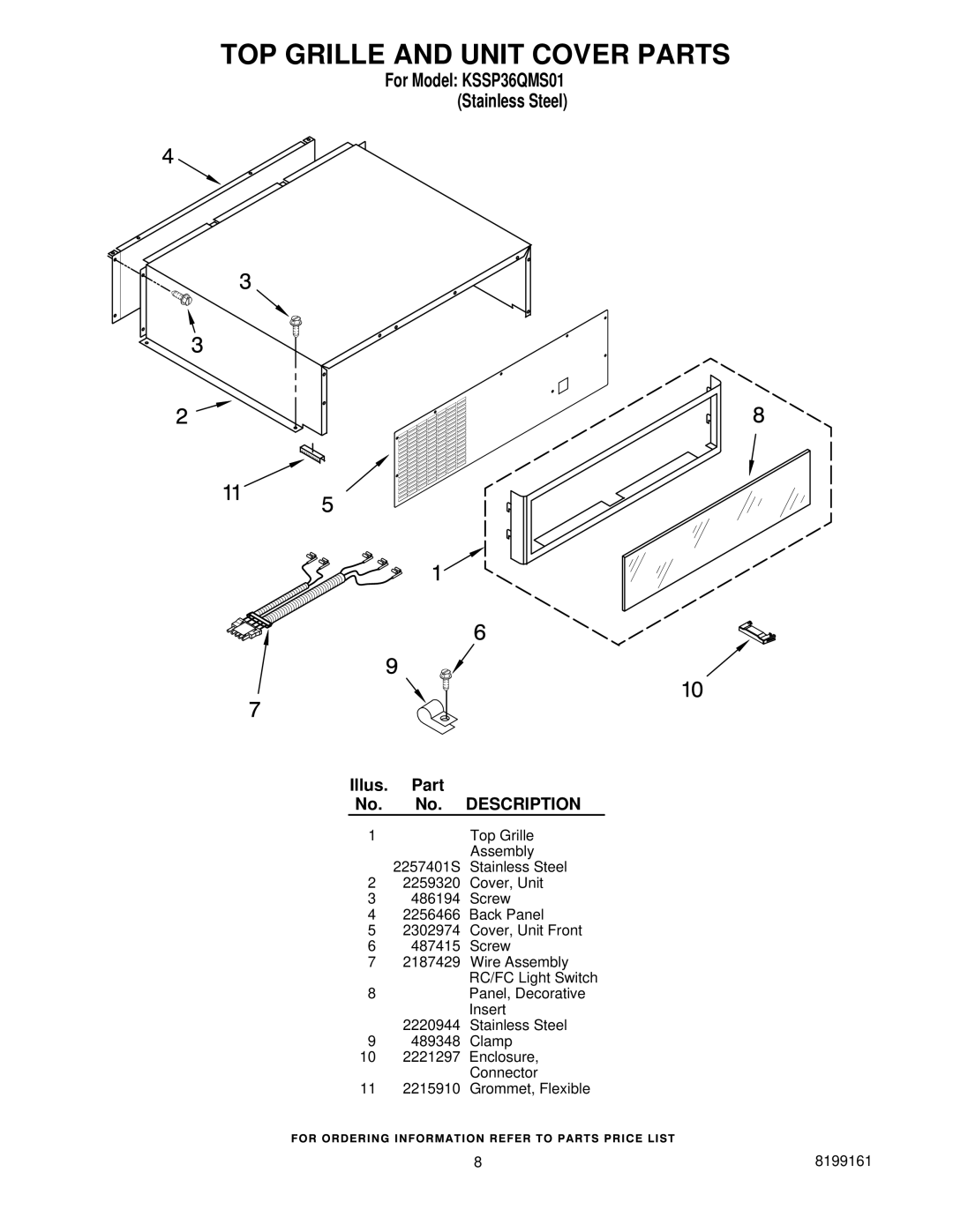 KitchenAid KSSP36QMS01 manual TOP Grille and Unit Cover Parts 