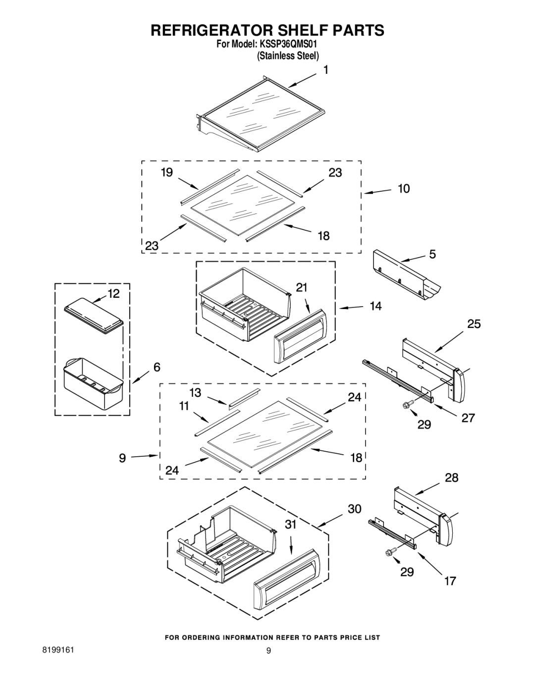 KitchenAid KSSP36QMS01 manual Refrigerator Shelf Parts 