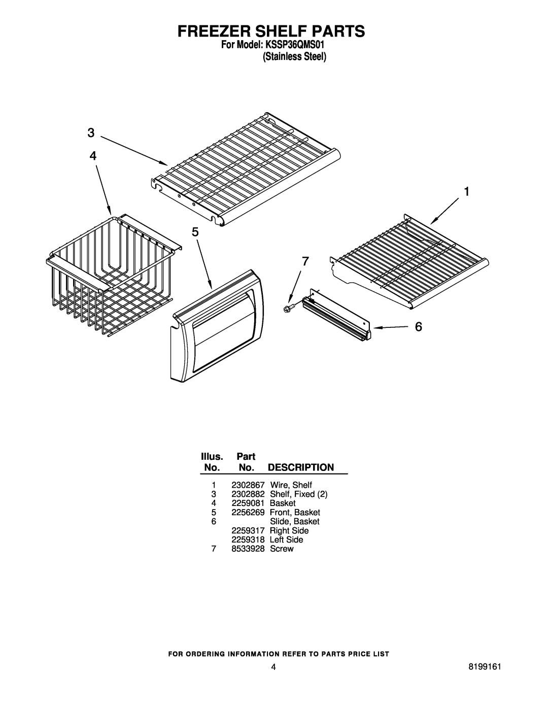 KitchenAid manual Freezer Shelf Parts, For Model KSSP36QMS01 Stainless Steel, Illus. Part No. No. DESCRIPTION 