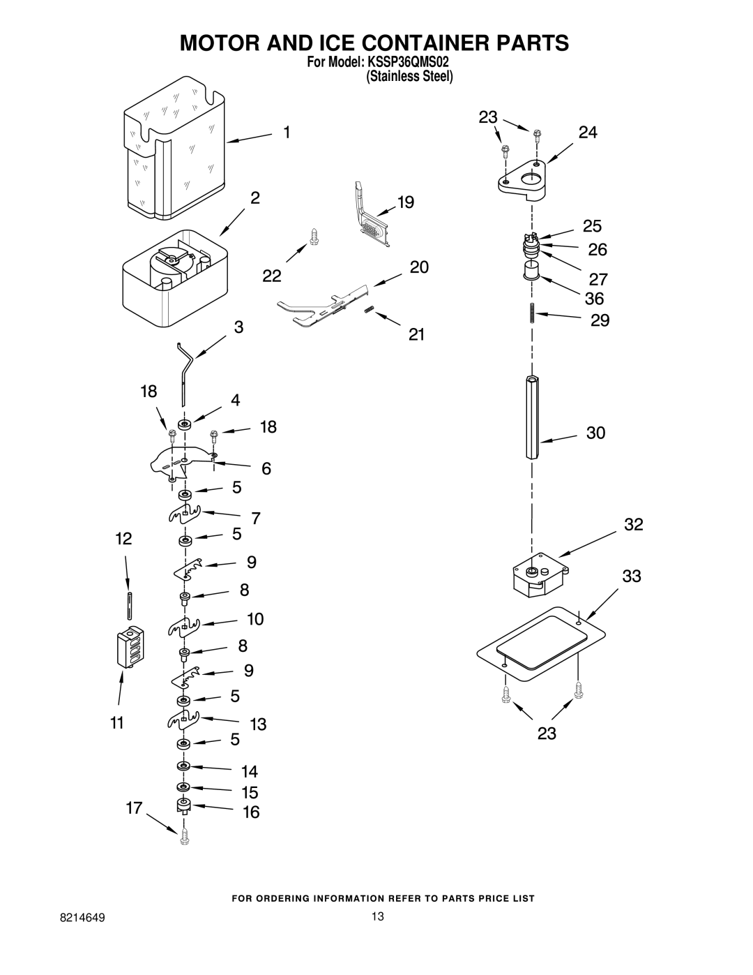 KitchenAid KSSP36QMS02 manual Motor and ICE Container Parts 