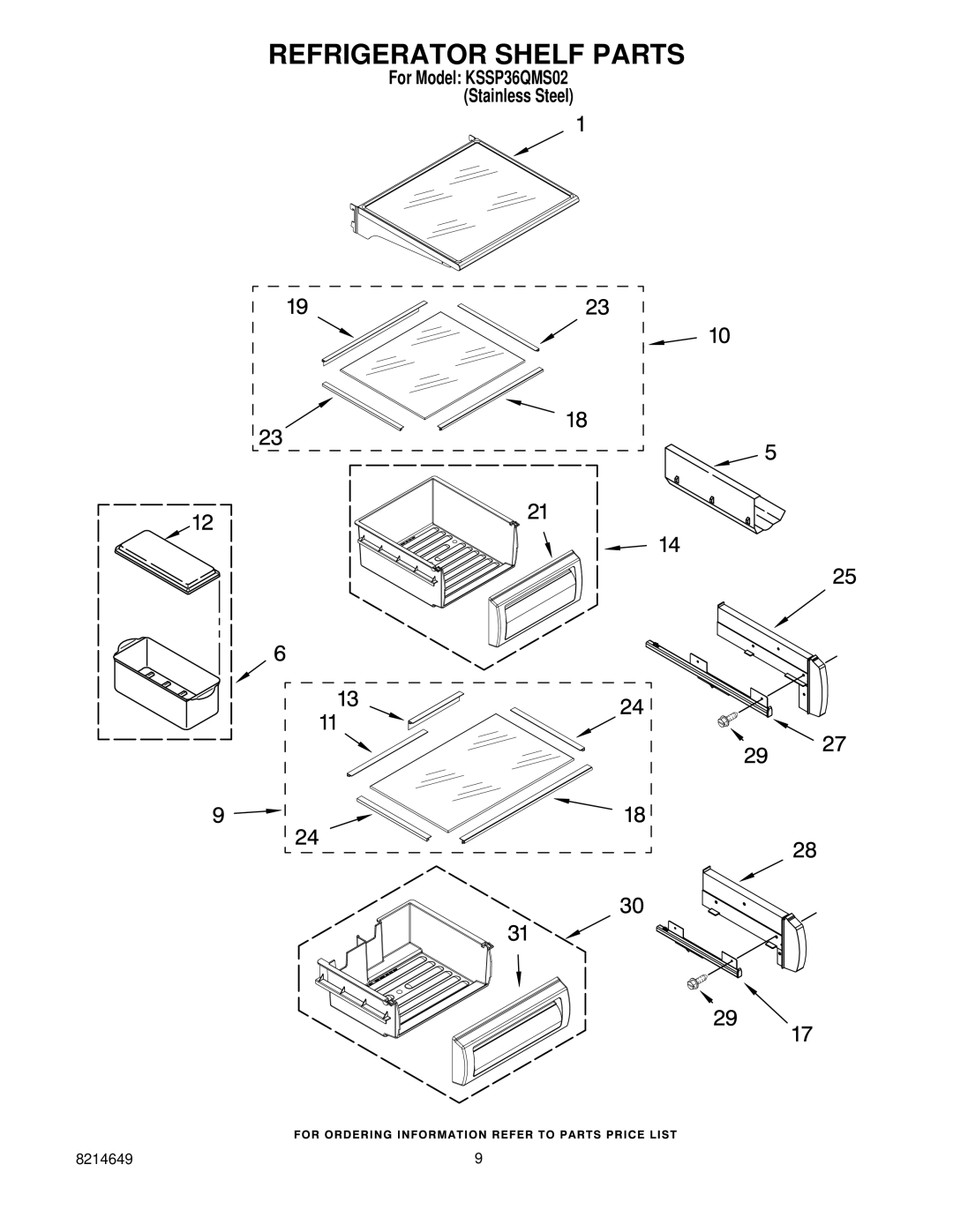 KitchenAid KSSP36QMS02 manual Refrigerator Shelf Parts 