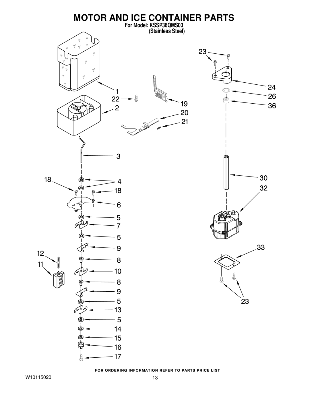 KitchenAid KSSP36QMS03 manual Motor and ICE Container Parts 