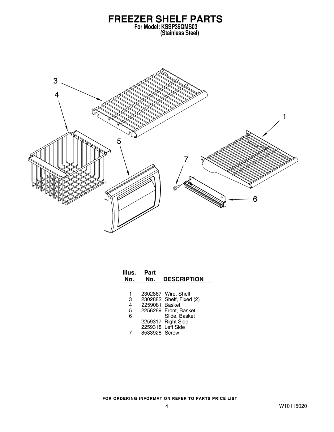 KitchenAid KSSP36QMS03 manual Freezer Shelf Parts 