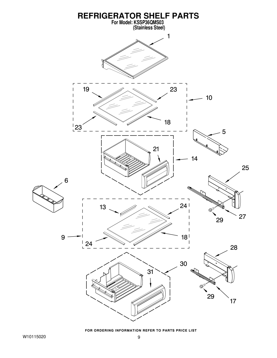 KitchenAid KSSP36QMS03 manual Refrigerator Shelf Parts 