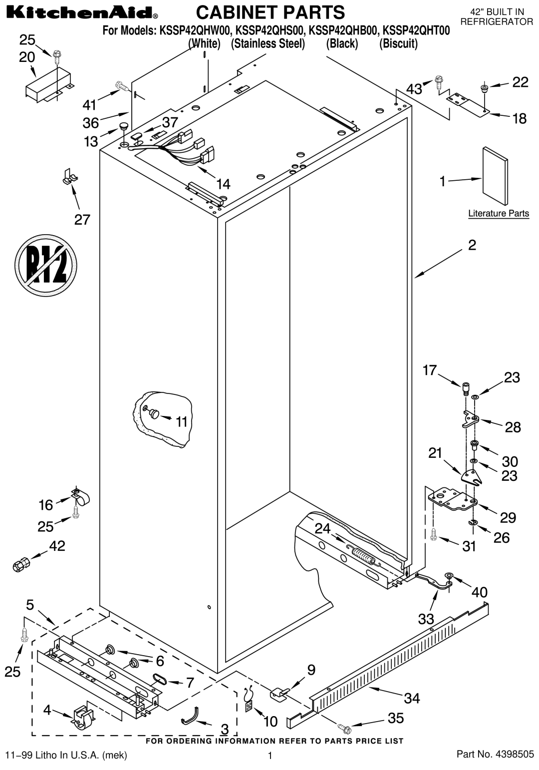 KitchenAid KSSP42QHS00, KSSP42QHW00, KSSP42QHB00, KSSP42QHT00 manual Cabinet Parts 