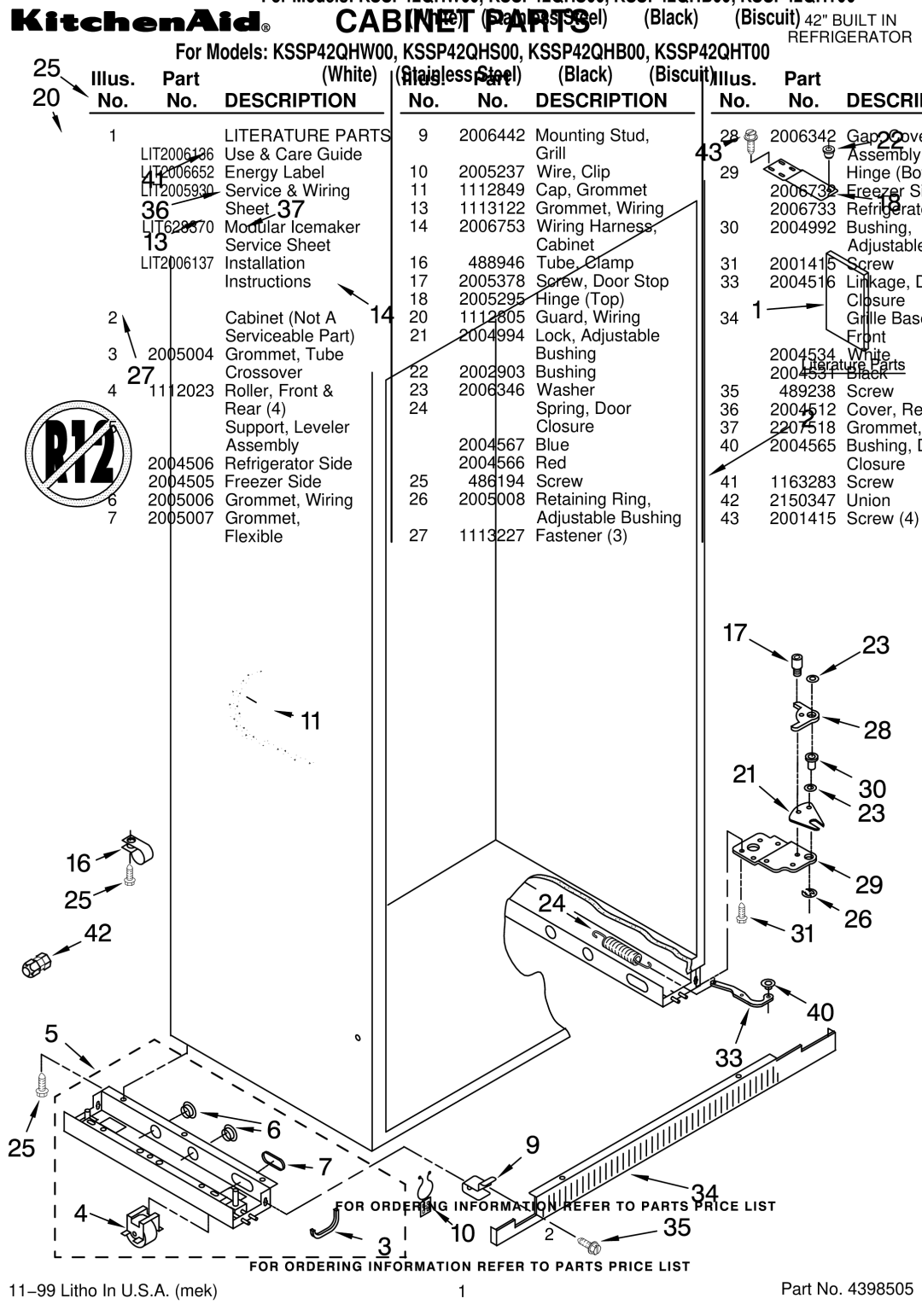 KitchenAid KSSP42QHB00, KSSP42QHW00, KSSP42QHS00, KSSP42QHT00 manual Illus. Part No. No. Description 