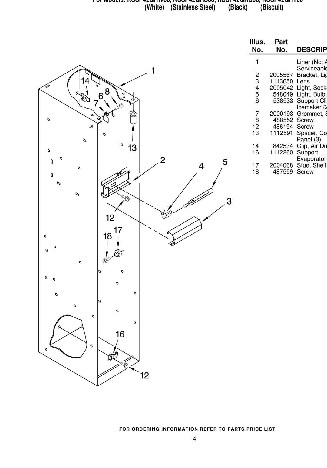 KitchenAid KSSP42QHW00, KSSP42QHS00, KSSP42QHB00, KSSP42QHT00 manual Freezer Liner Parts 