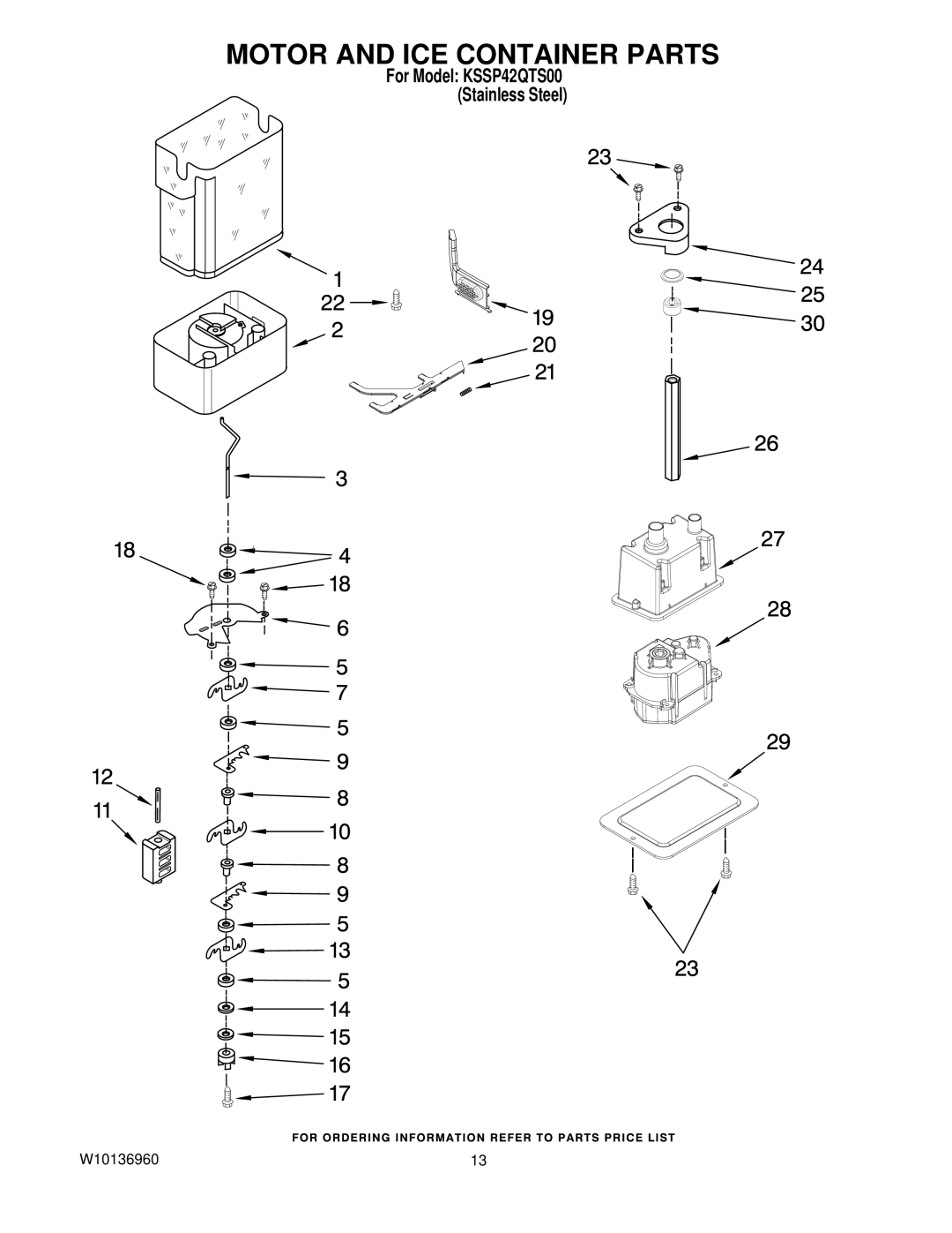 KitchenAid KSSP42QTS00 manual Motor and ICE Container Parts 