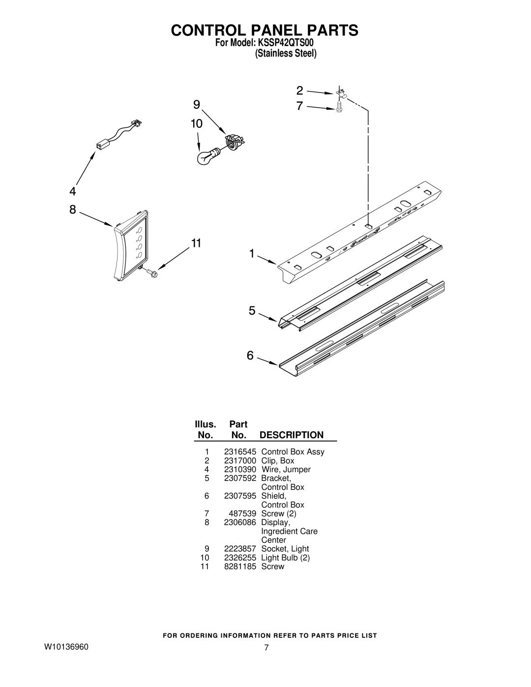 KitchenAid KSSP42QTS00 manual Control Panel Parts 