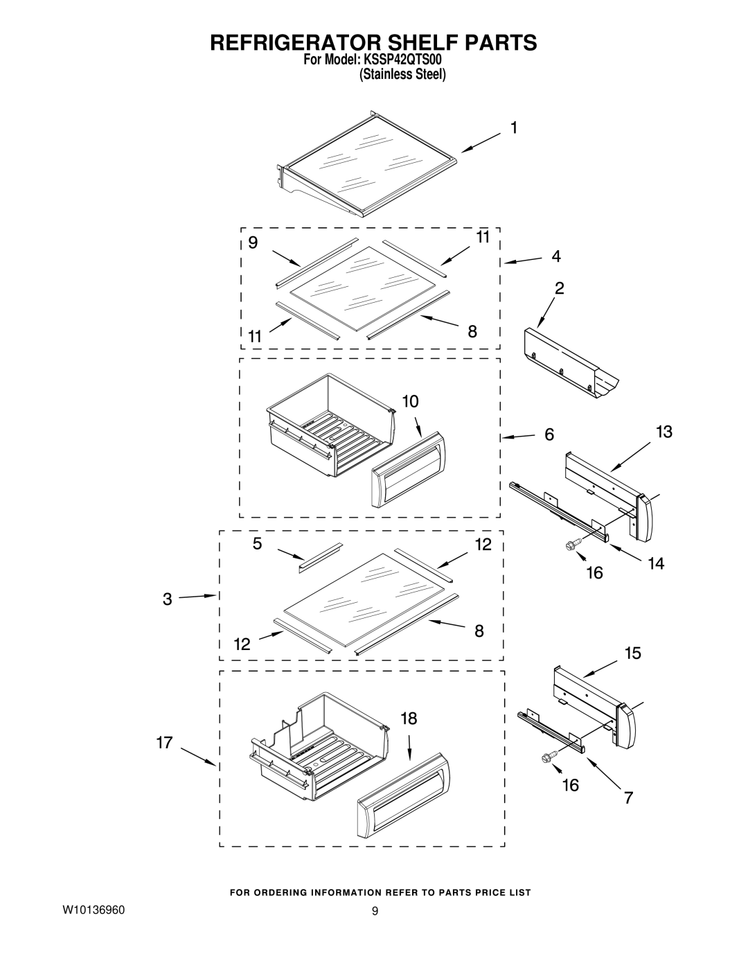 KitchenAid KSSP42QTS00 manual Refrigerator Shelf Parts 