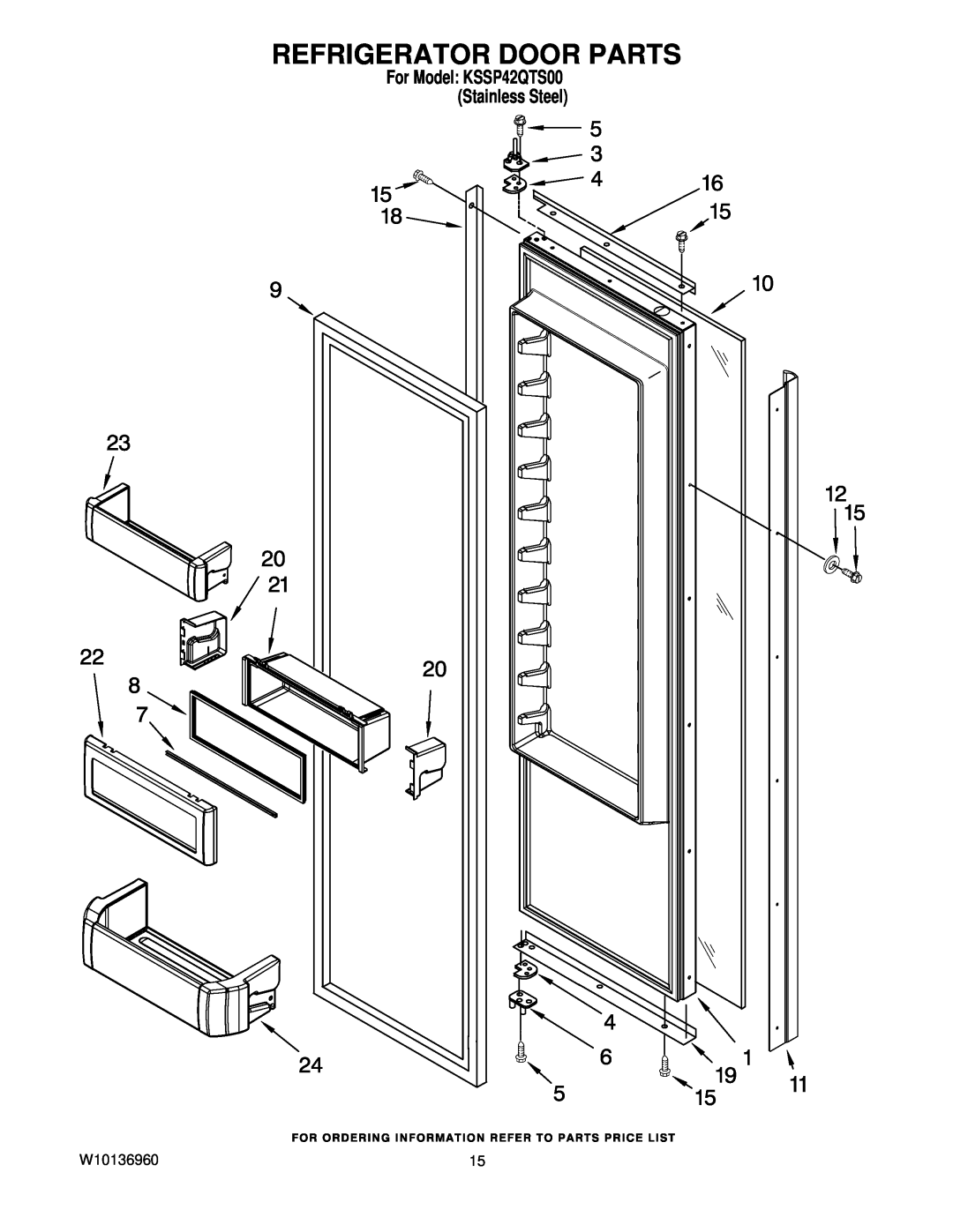 KitchenAid manual Refrigerator Door Parts, W10136960, For Model KSSP42QTS00 Stainless Steel 